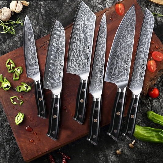 TURWHO 1-6 Piece Knife Set 67 Layers Damascus Steel Kitchen Knives Santoku Chef Knives Utility Bread Slicing Knife Cooking Tools