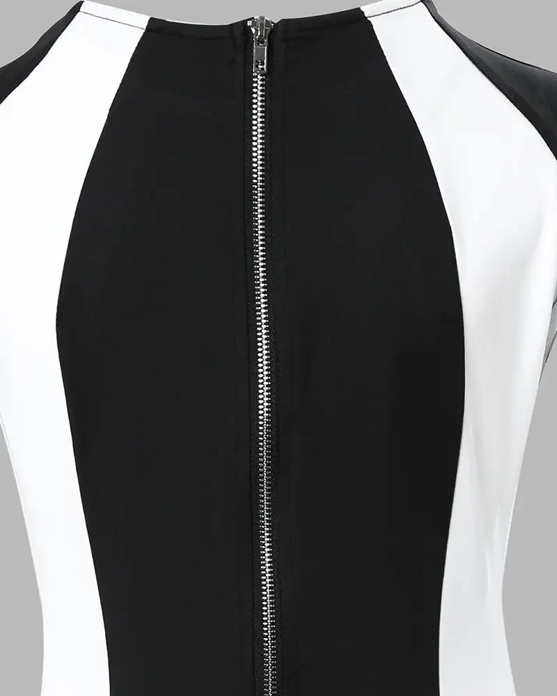 Elegant Women Party Club Dresses 2023 Summer Fashion Colorblock Round Neck  Bodycon Dress Sleeveless Casual Mini Black Dress