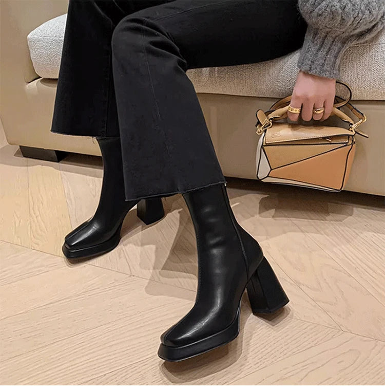 Ohmmayby Vintage Square Toe Damen Stiefeletten Mit Reißverschluss Hinten - Größe EU 37-41, Absatzhöhe 5-8 cm, Knöchelhöhe