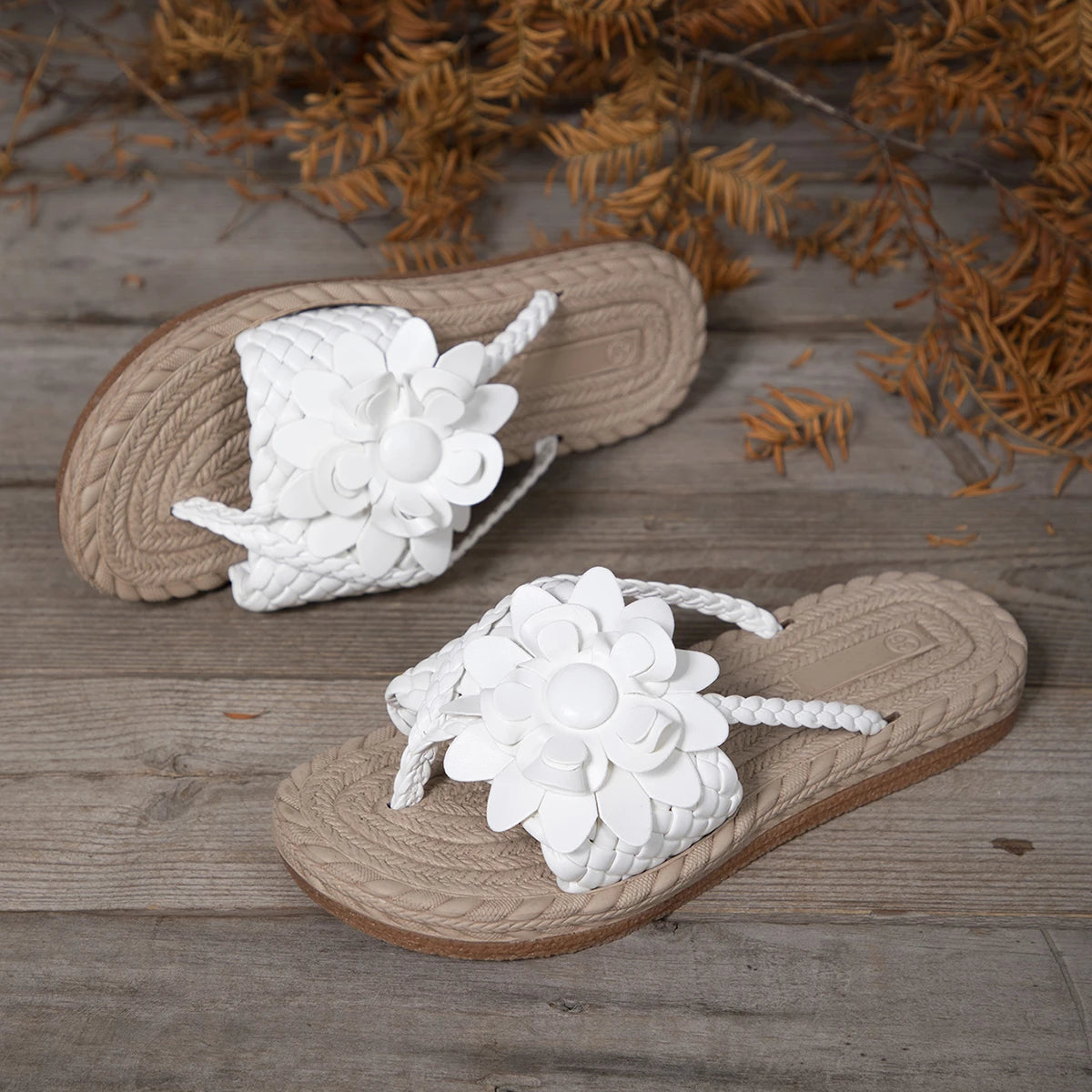 Summer Floral Braided Flat Slippers Classics Solid PU Leather Women Non Slip Flip Flops Soft Comfortable Beach Sandals Femme