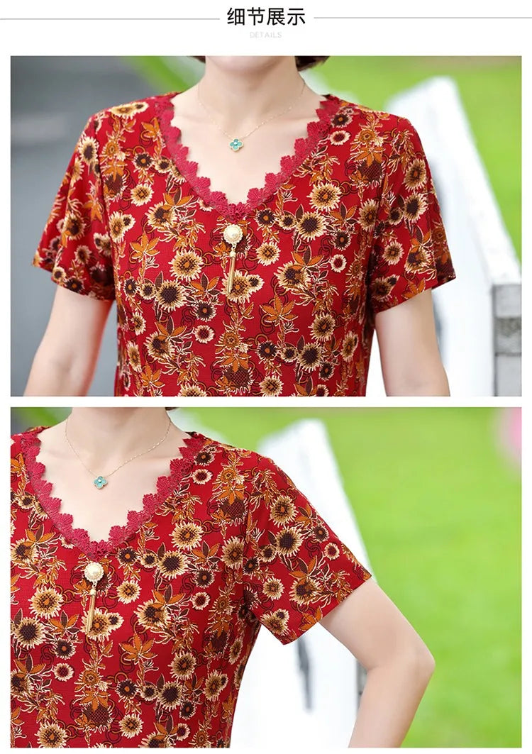 Elegant Women Dress Elegant Casual V-Neck Print Vintage Ladies Mid-Calf High Waist Summer Bohemian Dresses