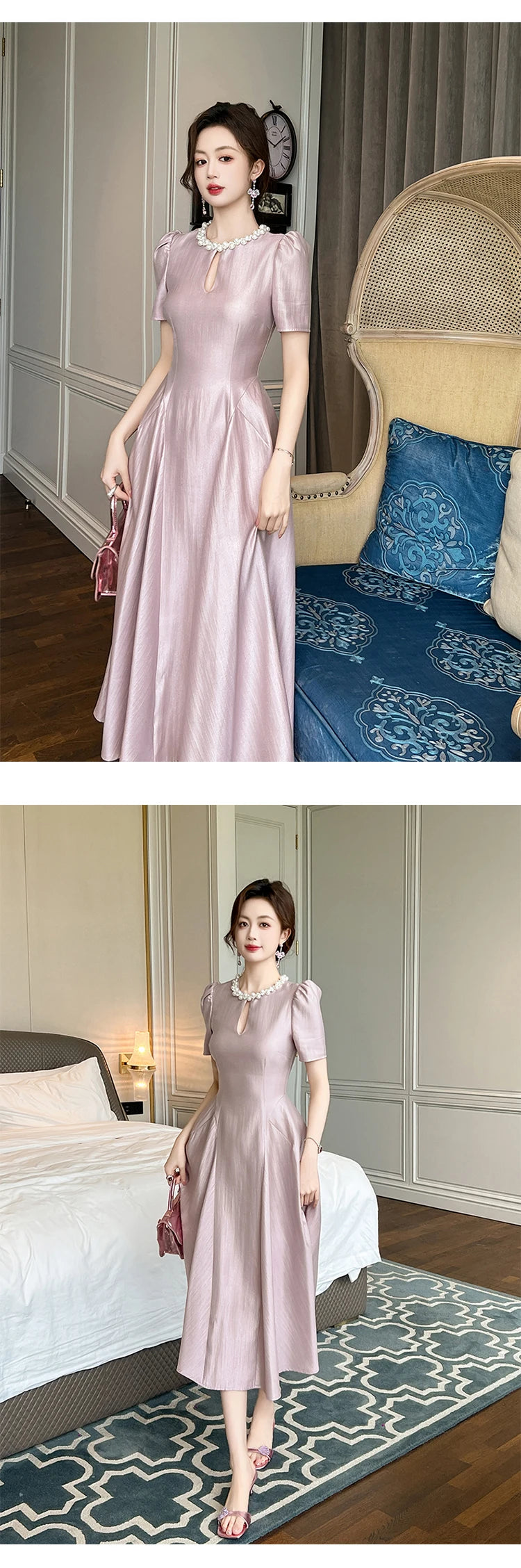 Elegant Host Evening Dress Women's French Vintage Sweet Pearl Hollow Folds Swing A-LINE Long Robe Party Catwalk Prom Vestidos