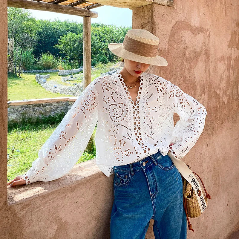 Floral Eyelet Embroidery White Blouse Women's Long Sleeve V-Neck Casual Cotton Shirt 2025 Spring/Summer New in Holiday Clothes