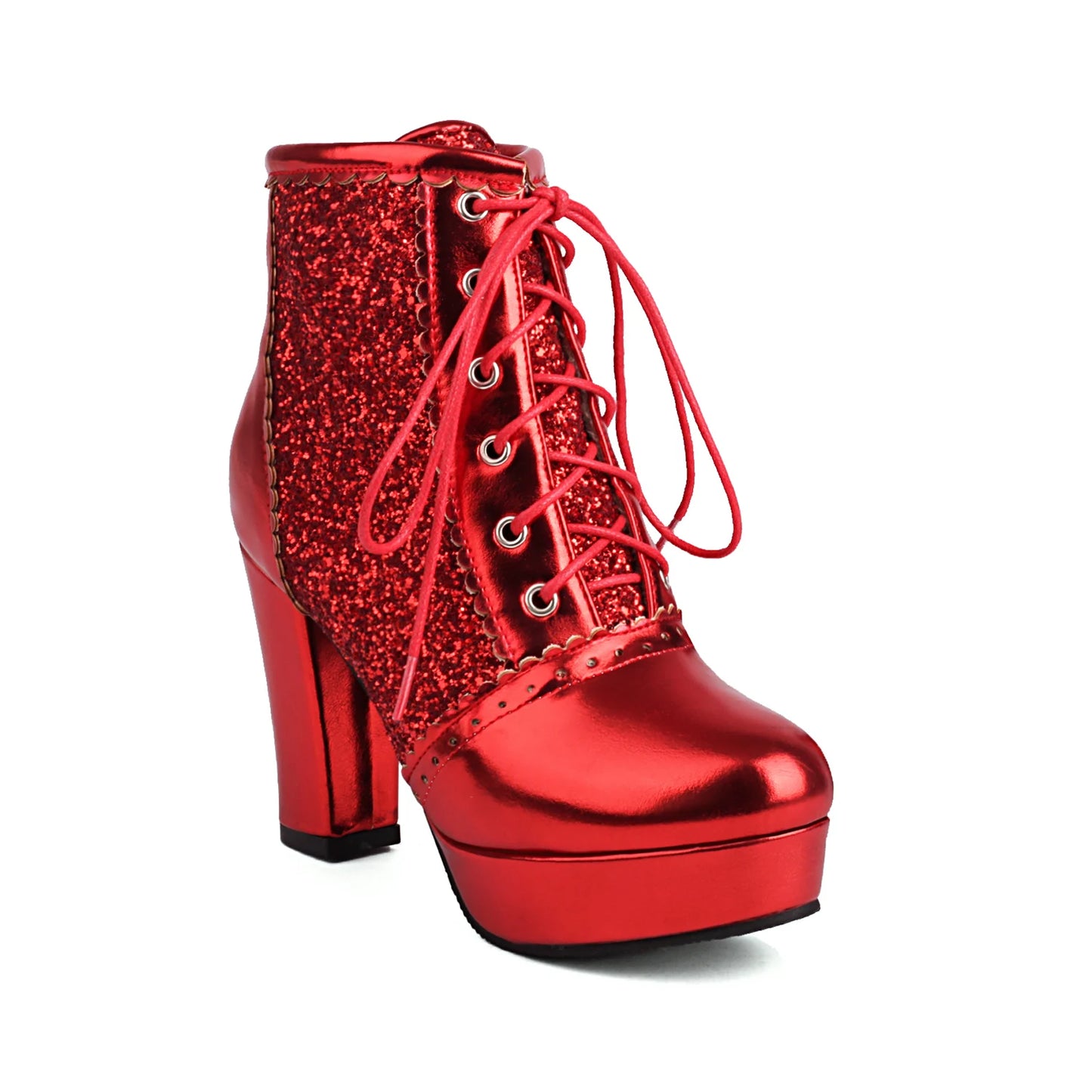 Women Ankle Boots Gold Silver Red Platform Shoes Elegant Studded Sequin Lace Up Autumn Winter Comfy Stable Chunky High Heels