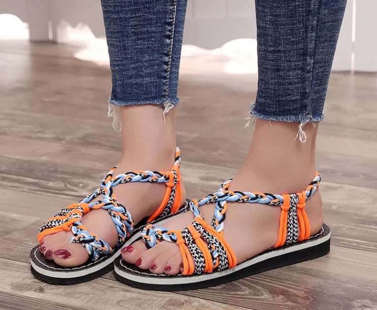 Women Sandals Summer Closed Toe Flat Romen Sandals Women Mixed Colors Rope Knot Sandals Women  Casual Beach Sandals Plus Size
