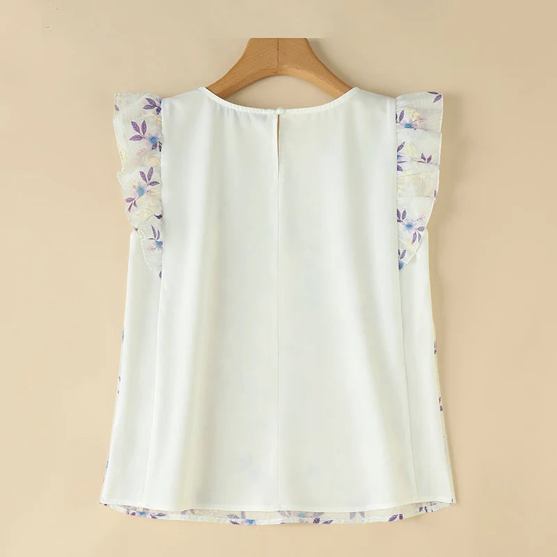 ZANZEA Fashion Spliced Ruffles Floral Blouses Women 2024 Summer Casual O Neck Embroidery Blusas Streetwear Sleeveless Tunic Tops