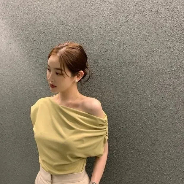 Asapgot Diagonal Crop Top - Schulterfrei Elegant Kurzarm S