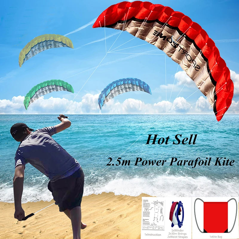 High Quality 2.5m Dual Line 4 Colors Parafoil Parachute Sports Beach Kite Easy to Fly  Factory Outlet