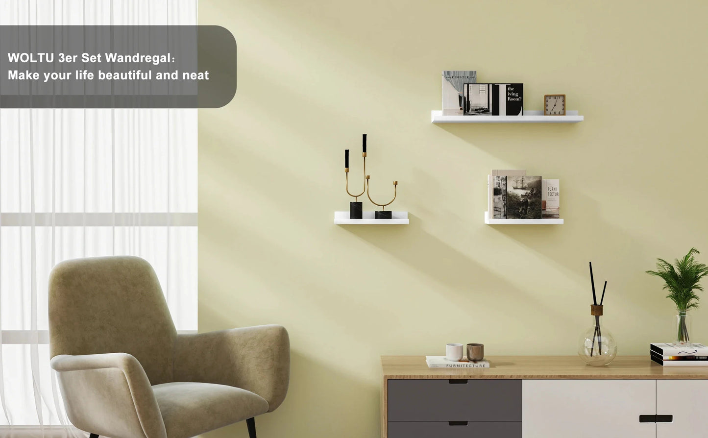 WOLTU Wandregal MDF Weiß Set 3-Teilig 60x10x5 cm Belastung 5 kg