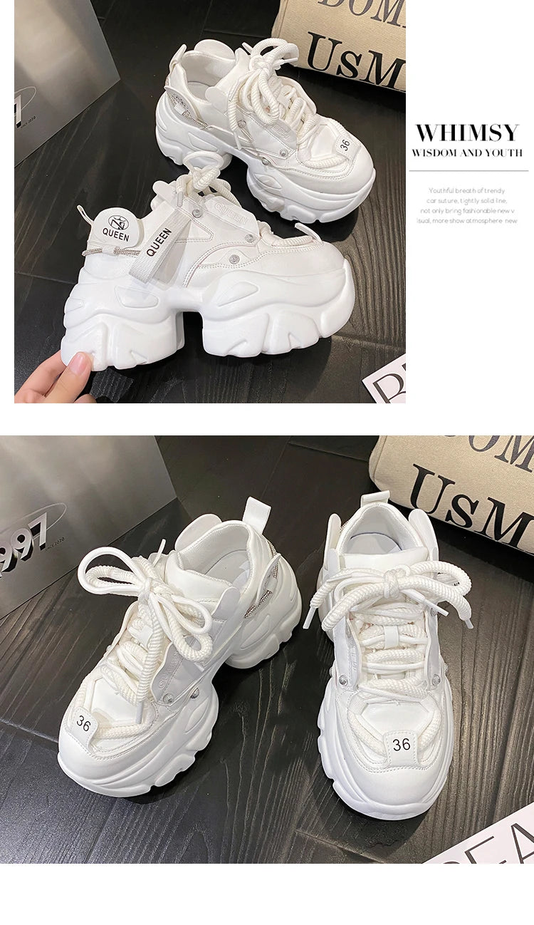 White Chunky Sneakers Women New Autumn Hidden Heel Platform Sports Dad Shoes Woman Lace Up Breathable Mesh Casual Shoes 9.5CM