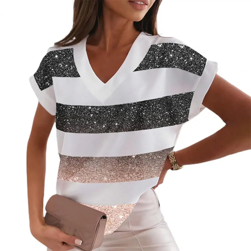 Femeii europene și americane tricou la modă imprimat V-neck mânecă scurtă bluză lejeră casual elegant pulover tunică top