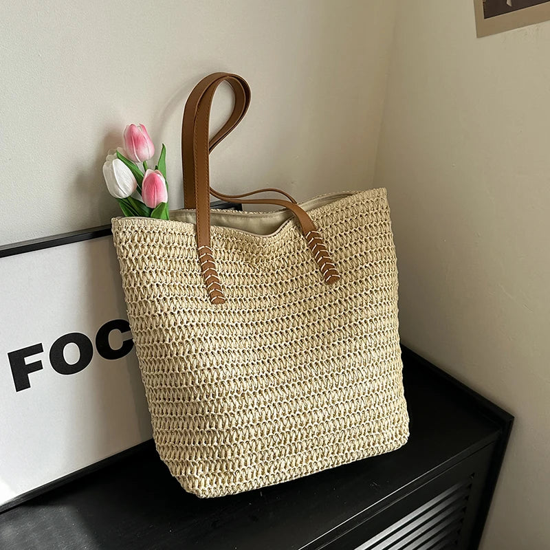 Summer Beach Large Capacity Tote Bag Women Shoulder Bag Handmade Woven Bag Top-Handle Bags Raffia Boho Woven Women Bag