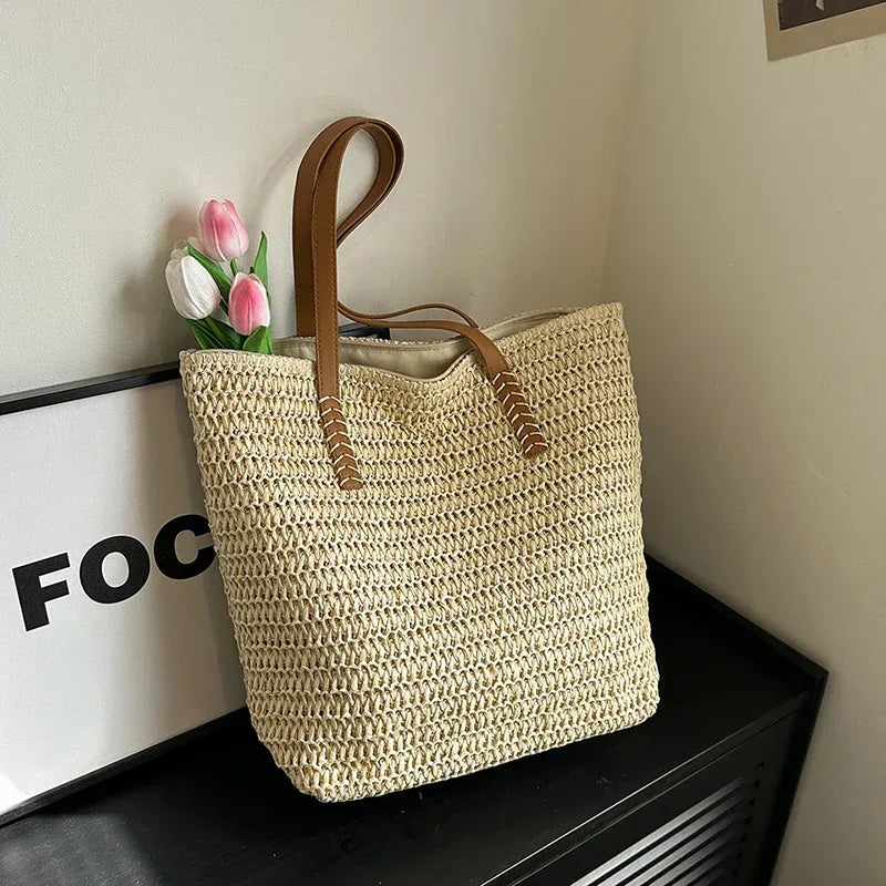 Summer Beach Large Capacity Tote Bag Women Shoulder Bag Handmade Woven Bag Top-Handle Bags Raffia Boho Woven Women Bag - Golden Bridge Store