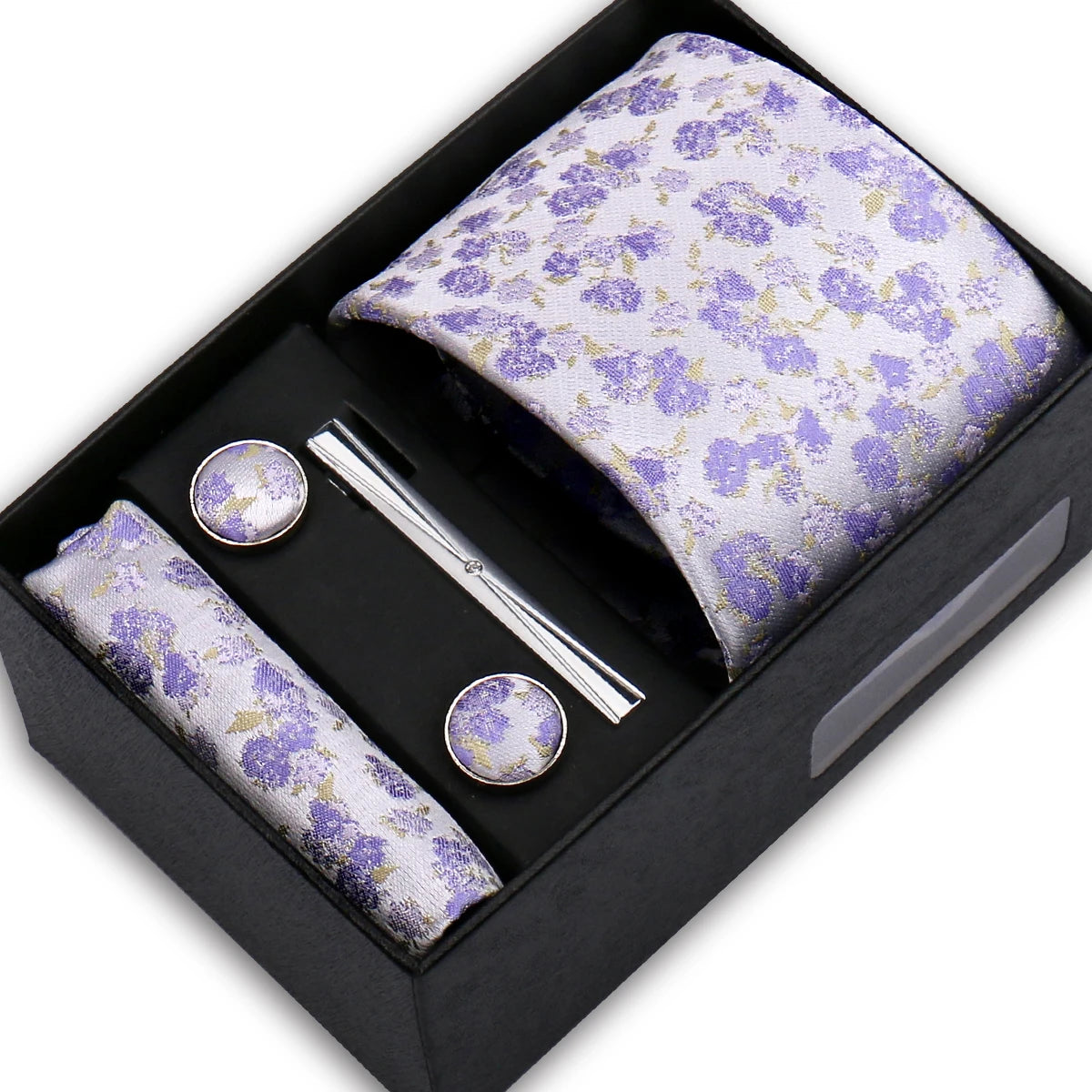 Elegant Men's Suit Necktie Gift Box Set Floral Tie Handchief Cufflinks Tie Clip 4-Piece Business Wedding Party Suit Accessories