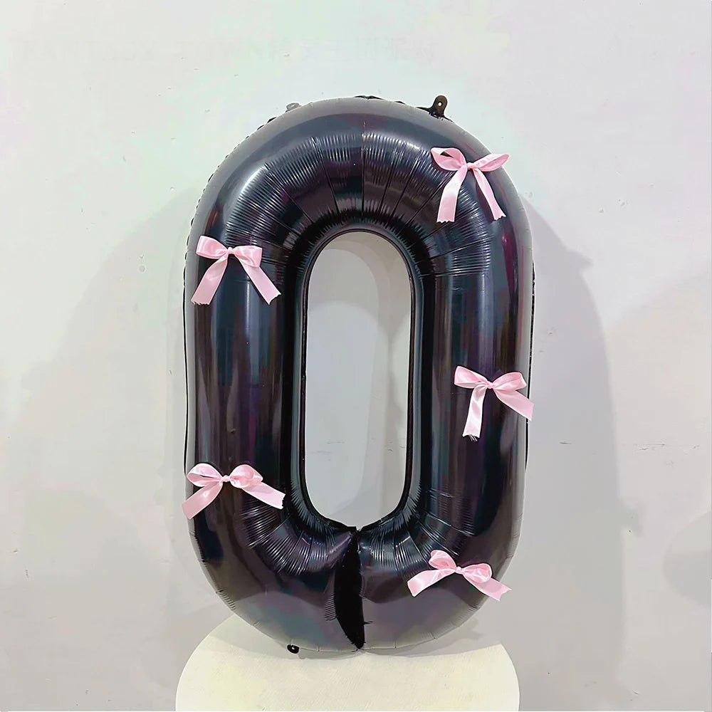 Black Number Balloons Aluminum Film Balloons With Pink Bow for Kids Boy Girl Birthday Party Decorations 0-9 Numbers