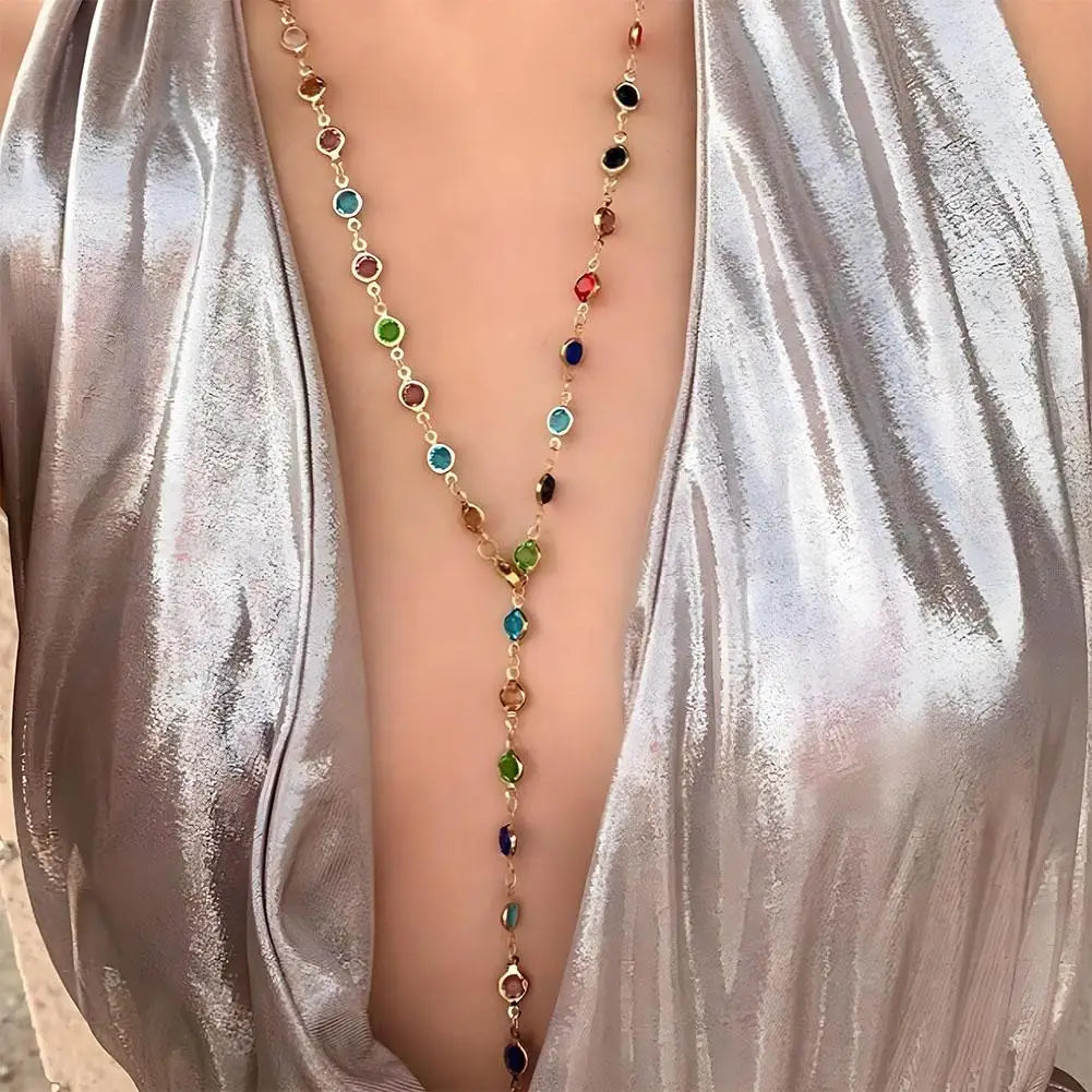 Bohemian Colorful Glass Long Y-Shaped Necklace Metal Collarbone Chain Gold Silver Color Summer Holiday Party Body Jewelry Gifts