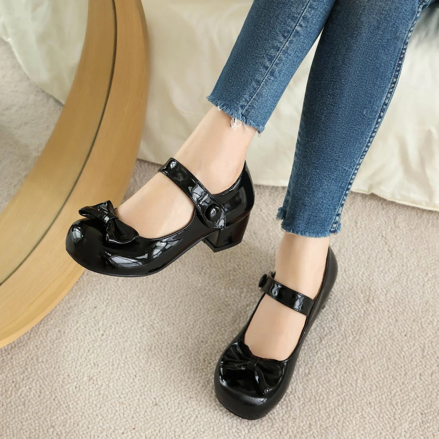 Frühling Mädchen Mary Jane Niedrige Absätze 2025 - Damen Schleife Party Platform Schuhe - Cosplay Lolita Schwarz Weiß Rot