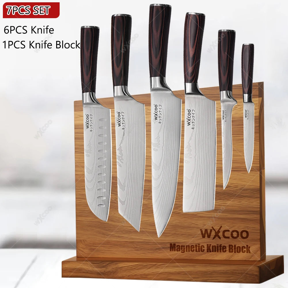 WXCOO Professional Kitchen Chef Knife Damascus Steel Laser Pattern Santoku Knife Double Side Magnetic Kitchen Knife Block