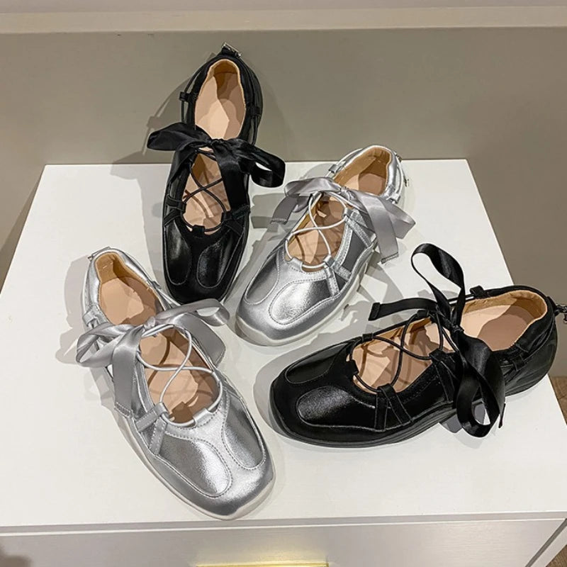 Ballet Flat Sneakers Women's Thick Bottom Bowknot Hollow Out Shoes Fashion Designer Mary Jane Ballet Comfort Shoes Female