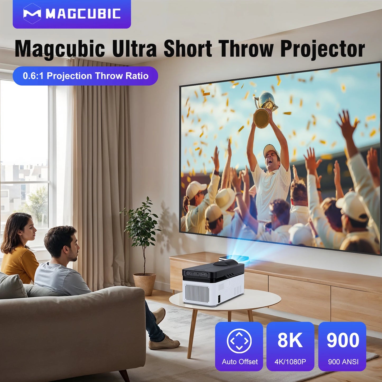 Proiector Magcubic Ultra Short Throw HY450 cu decalaj automat 8K 4K 1080P 900ANSI BT5.4 Focalizare electronică WiFi6 AllwinnerH716 Voce