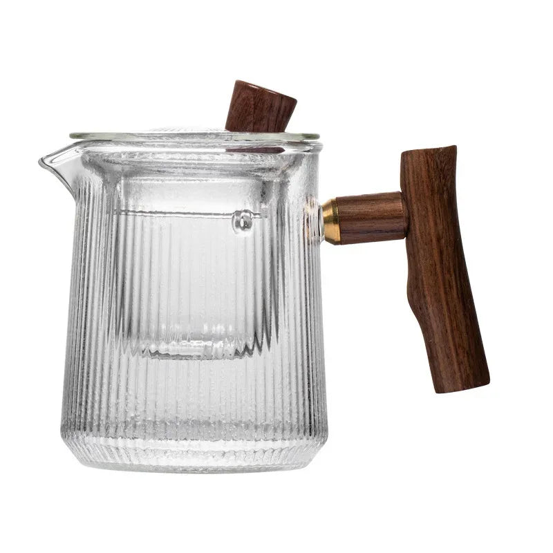 Japanese Heat Resistant Vertical Stripe Glass Tea Pot Wood Handle Teapot Kung Fu Tea Set Puer Kettle Coffee Glass Pot Teaware - Golden Bridge Store