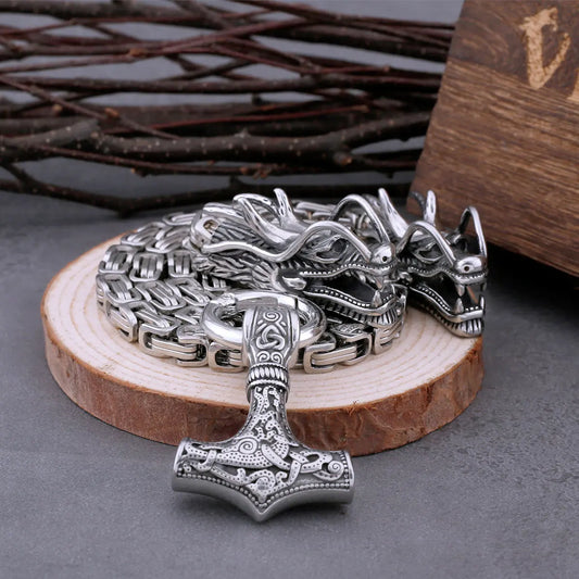 Vintage viking pendant thor hammer amulet necklace steel dragon design