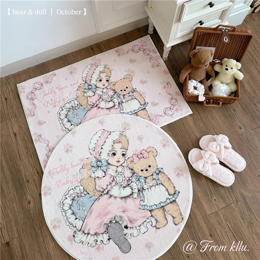 Soft Carpet Cartoon Bear Doll Carpets Round Rectangular Livingroom Rugs Kawaii Girl Lolita Retro Bedroom Bedside Cashmere Carpet