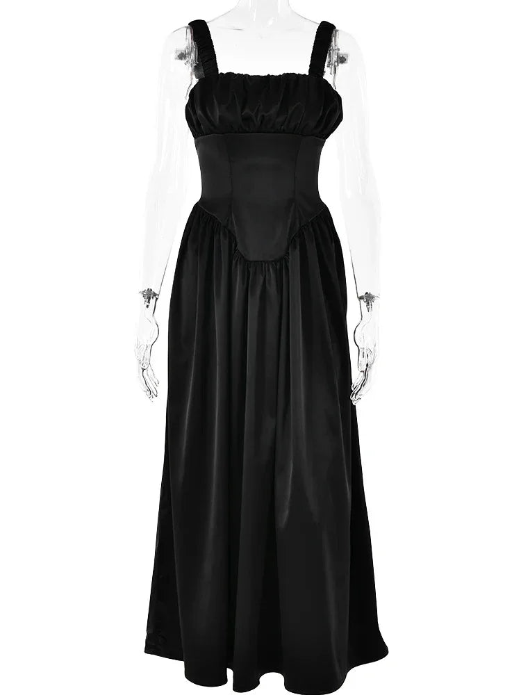 Articat Elegant Sleeveless Satin Bodycon Dress Women's Pleated Slim Fit Long Dress Female Elegance Party Club Street Clothing - Golden Bridge Store