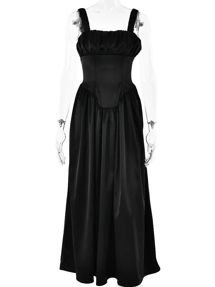 Articat Elegant Sleeveless Satin Bodycon Dress Women's Pleated Slim Fit Long Dress Female Elegance Party Club Street Clothing - Golden Bridge Store