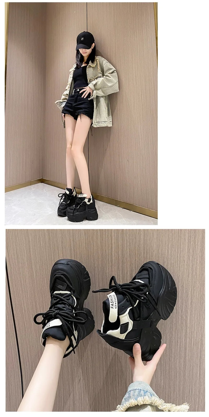 Women Walking Sneakers Autumn Lace-up High Platform Chunky Shoes Breathable Leather Shoes 10.5CM Winter Wedge Heels Casual Shoes