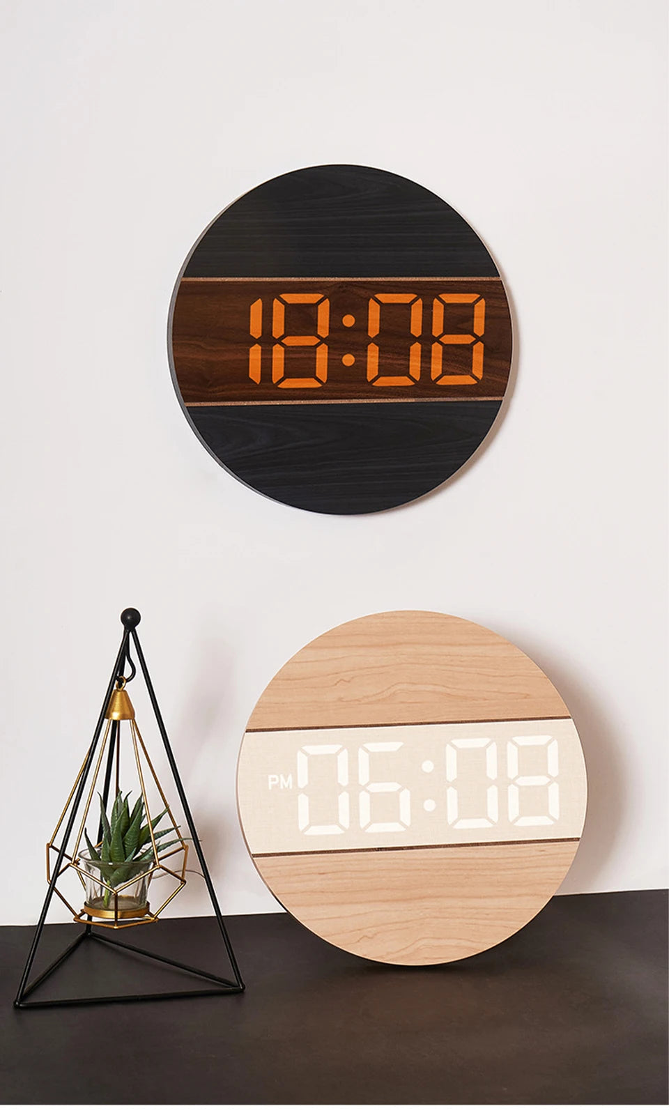 LED Digital Wall Clock Wooden Large Round Screen Automatic Brightness Adjustment 12/24H Hanging Clock Home Living Room Decor