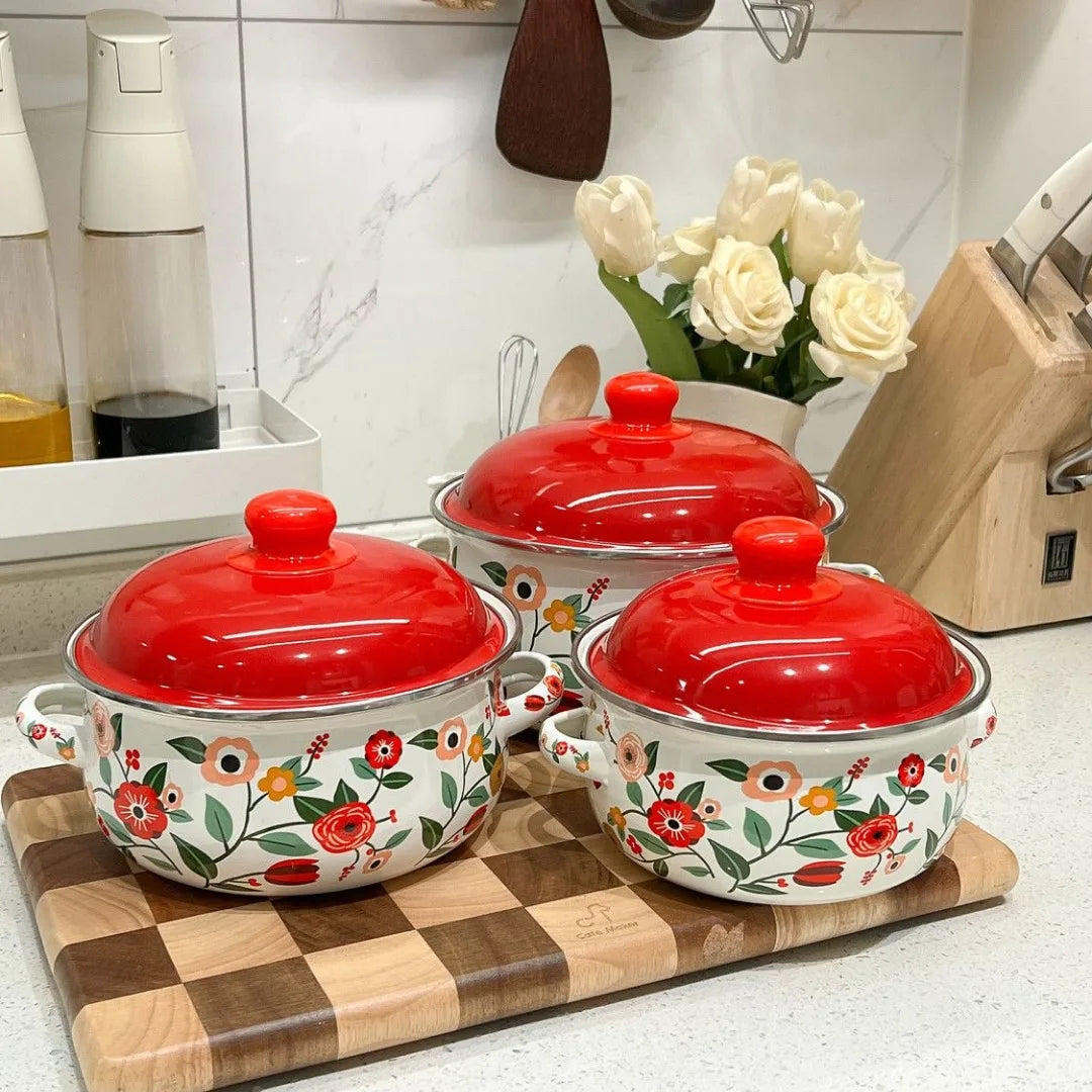Kitchen Cookware Utensils Set 16/18/20CM Red Yellow and Green Enamelled Pots and Pans, 3-piece Set, Induction Cooktop, Open Fire
