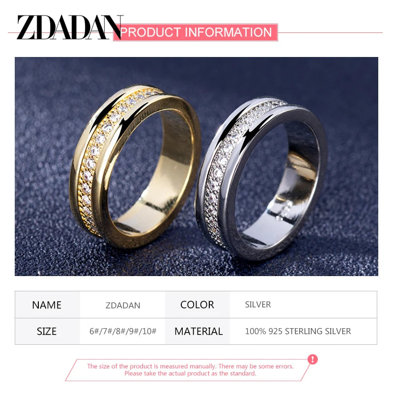 ZDADAN 925 Sterling Silver Double Layer Zircon Finger Ring For Women Girls Party Jewelry Gift