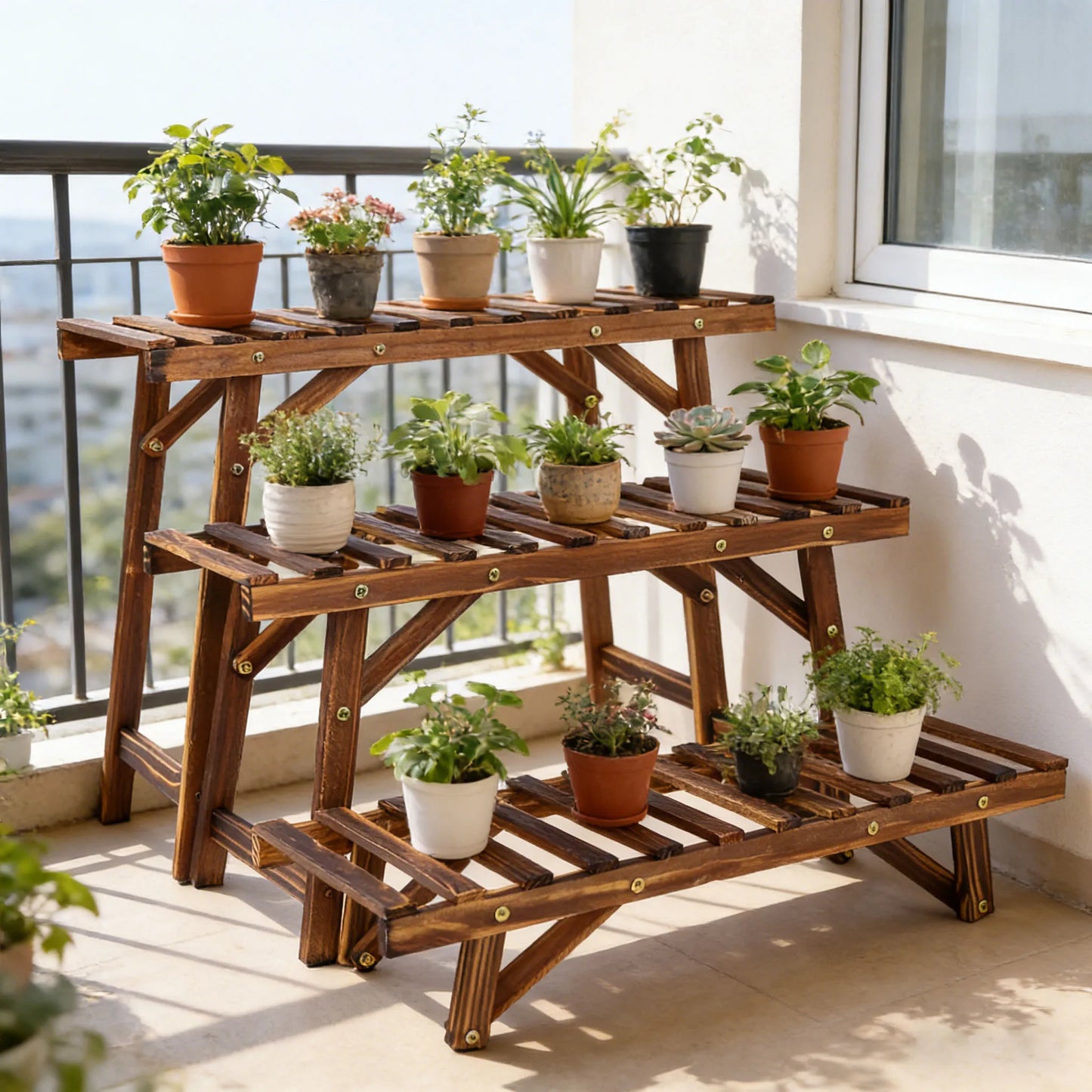 NONE Pflanzenständer Holz 3-Stufig 70x25x12,5 cm Belastbarkeit 15 kg