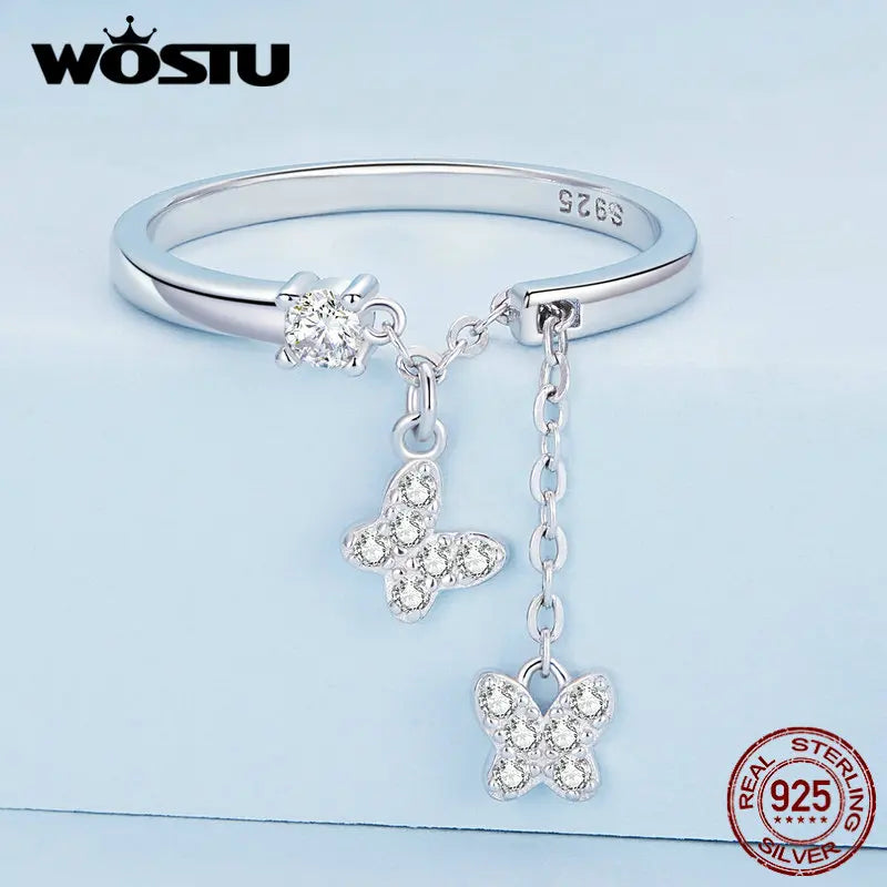 WOSTU 925 Sterling Silver Butterfly Link Open Rings For Women Delicate Shiny Zircon Adjustable Ring Fine Party Jewelry Gift