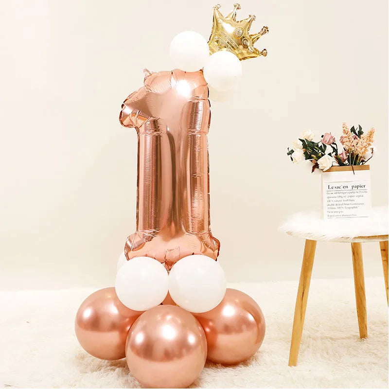 Chrome Rose Gold 32inch Number Foil Column Balloons Happy Birthday Party Decorations Kids Boy Girl 1 2 3 4 5 6 7 8 9 Year Old
