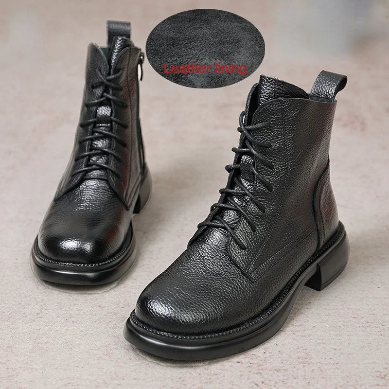 Frühling Dame Knöchel Stiefel 2025 - Echtes Kuh Leder Platform Schuhe - Frauen Winter Jugend Mädchen Weiche Sohle Dicke Absatz Ritter Schnee Stiefel