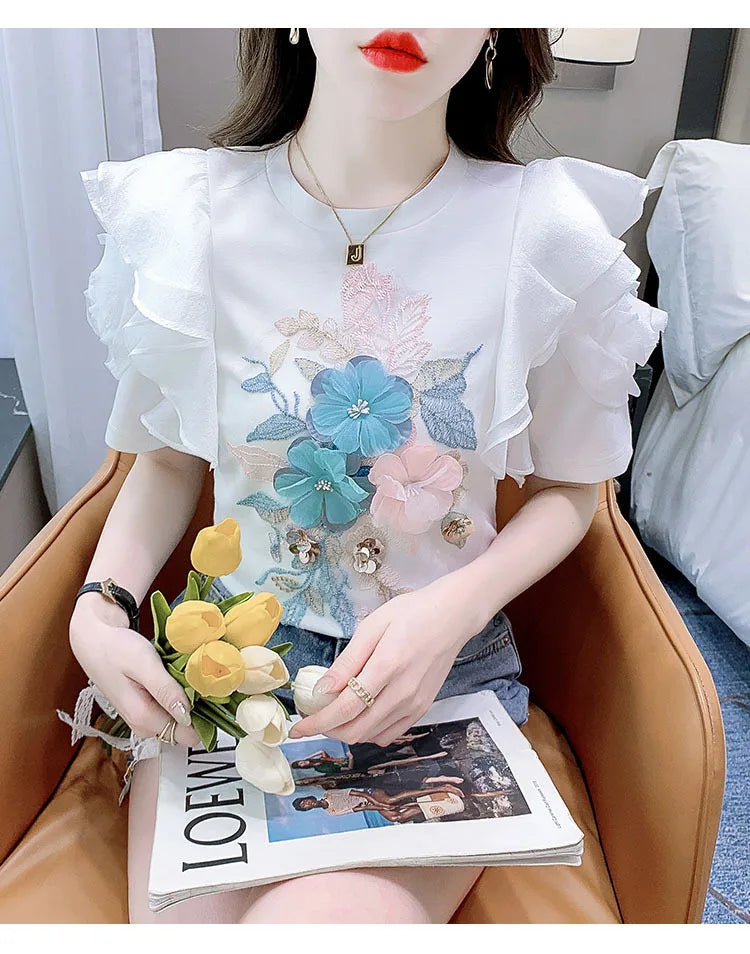 Ruffled White T-shirt Women's Short-Sleeved Floral Tshirt 2023 Summer New High-End Heavy Embroidery Flower Chic Top Tees