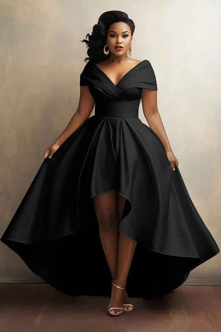 Elegant Party Club Evening Dress for Women Irregular Hem Pleated A-Line Solid elegant V-Neck High Waist Plus Size Long Dresses