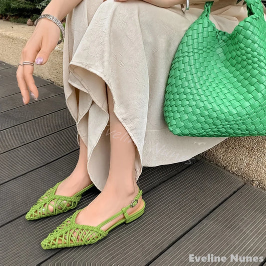 Artistic Hand-woven Thin Belt Sandals Women Summer Pointed Toe Flat Back Strap Hollow Sandals 2025 New Fashion Simple Sandals