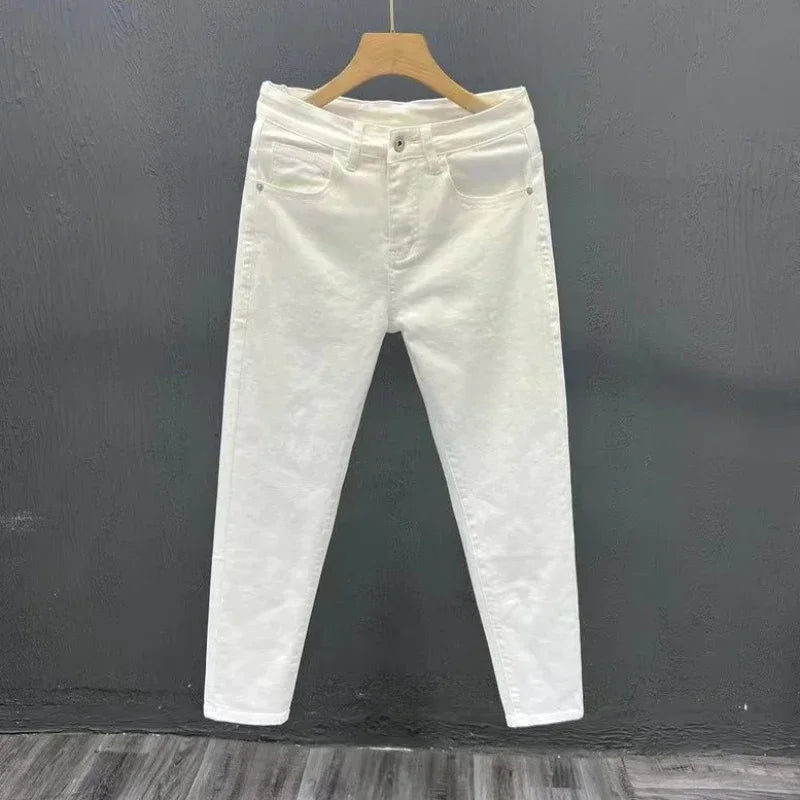Jeans for Men White High Quality Trousers Slim Fit Tight Pipe Male Cowboy Pants Solid Skinny Stacked 2024 Korean Autumn Buggy Xs