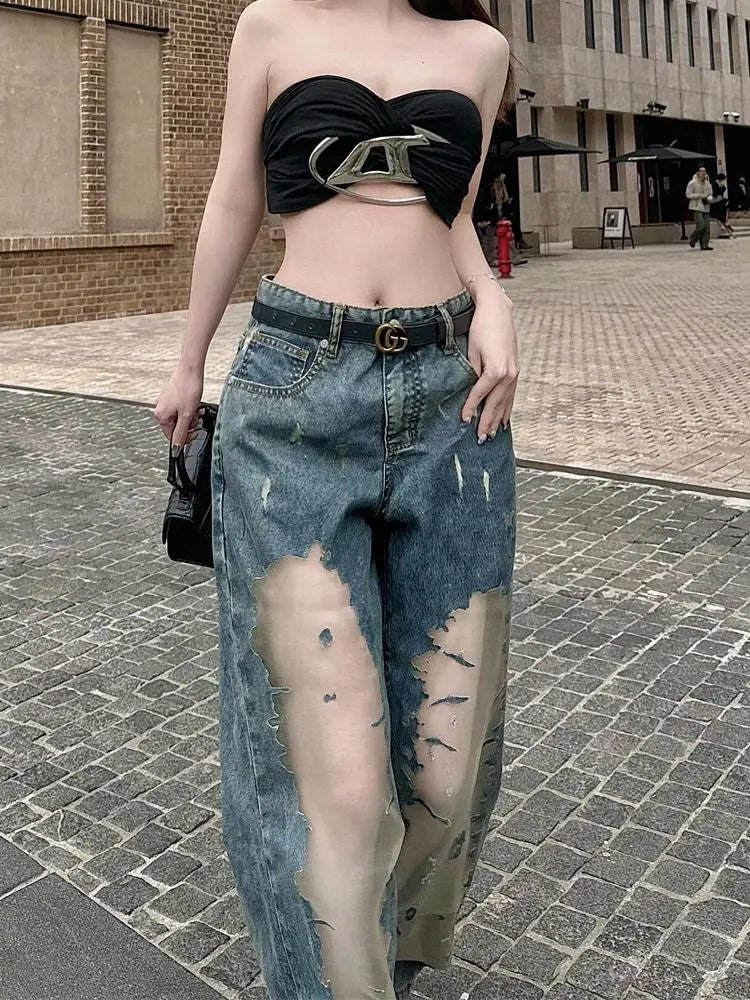 Jeans Women Fashion Lace Patchwork Embroidery Vintage Loose Women Jeans Pants