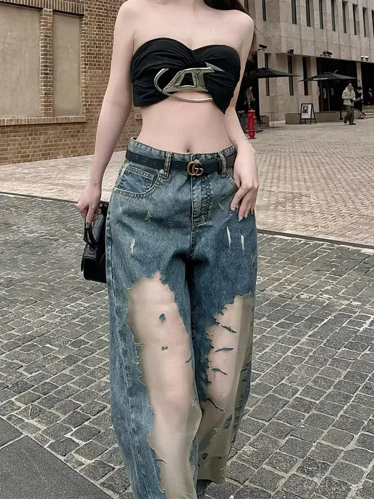 Jeans Women Fashion Lace Patchwork Embroidery Vintage Loose Women Jeans Pants - Golden Bridge Store