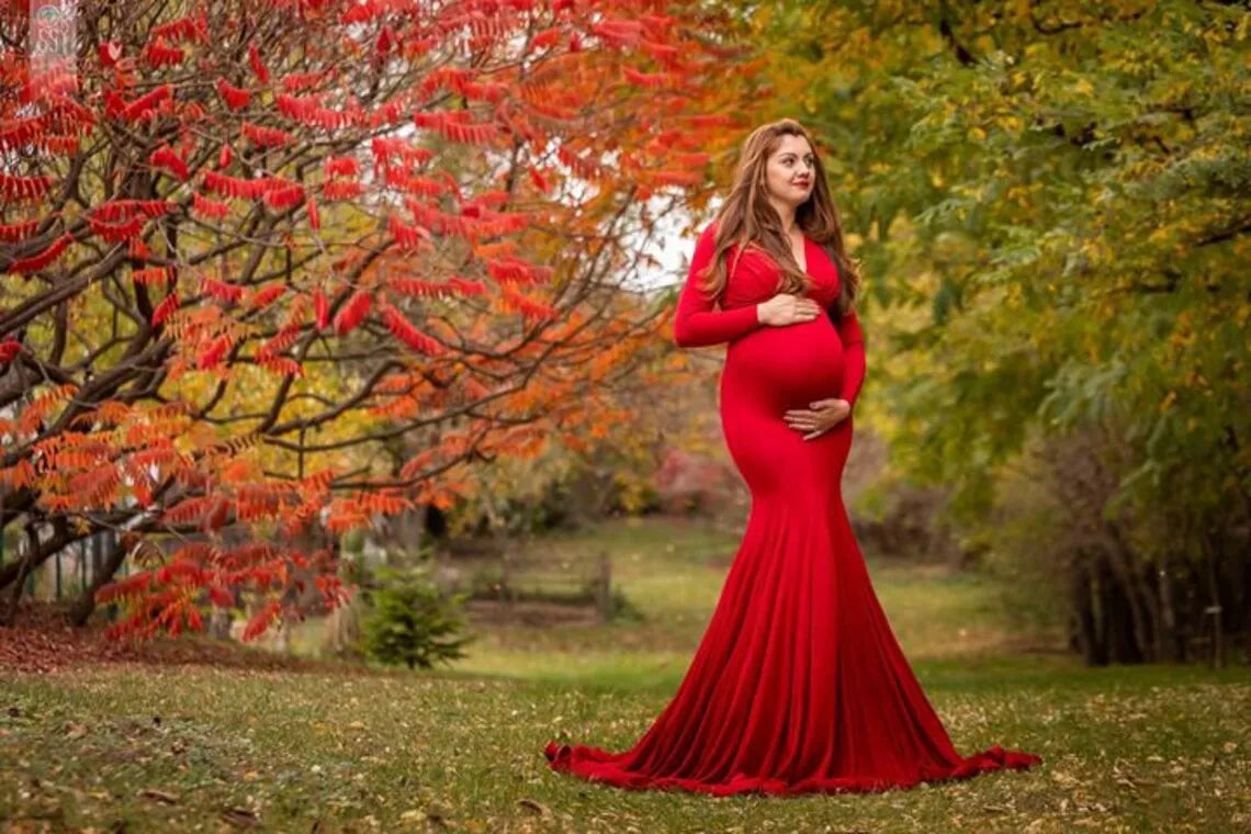 Rochie de maternitate pentru femei, primăvară-toamnă, elegantă, subțire, cu decolteu în V, mânecă lungă, tip sirenă, Maxi, pentru fotografie, ședință foto pentru bebeluși