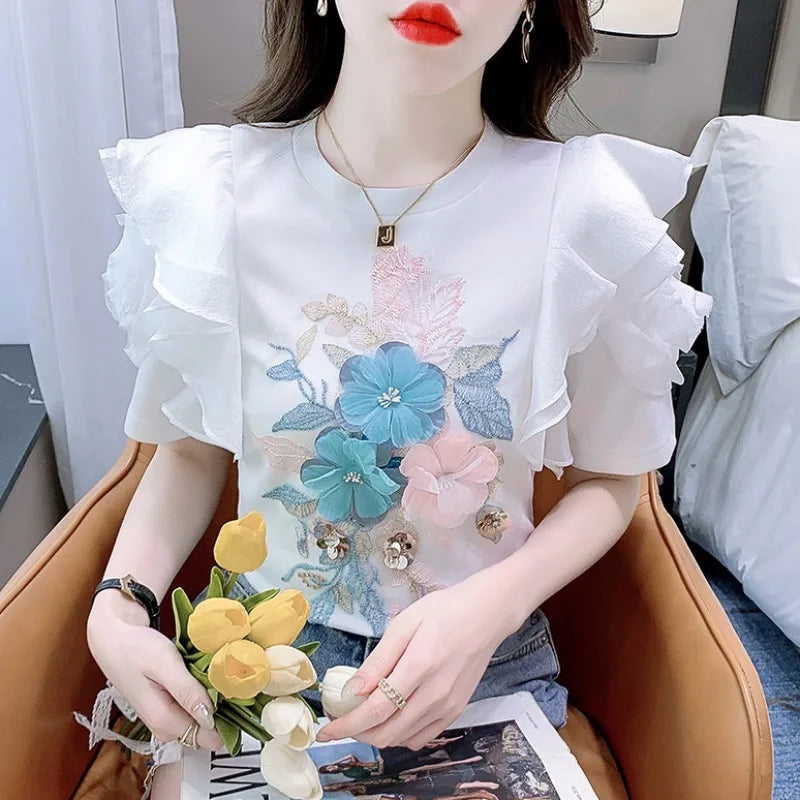 Ruffled White T-shirt Women's Short-Sleeved Floral Tshirt 2023 Summer New High-End Heavy Embroidery Flower Chic Top Tees