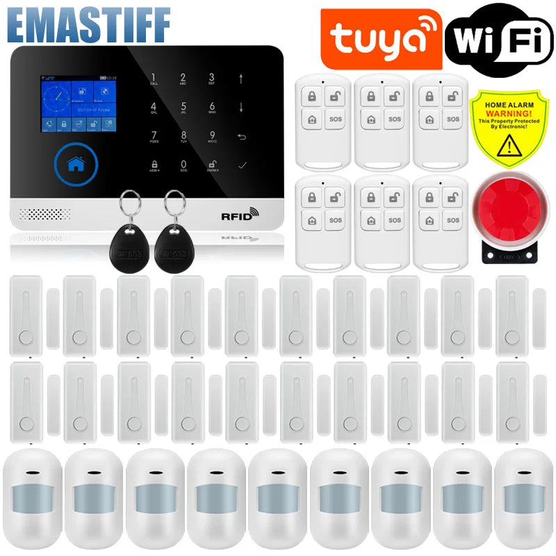 Alarmanlage 2025: Wireless Tuya APP SIM GSM Home RFID Burglar Security - LCD Touch Keyboard WIFI GSM Alarm System Sensor Kit Russian Spanish Voice Collection