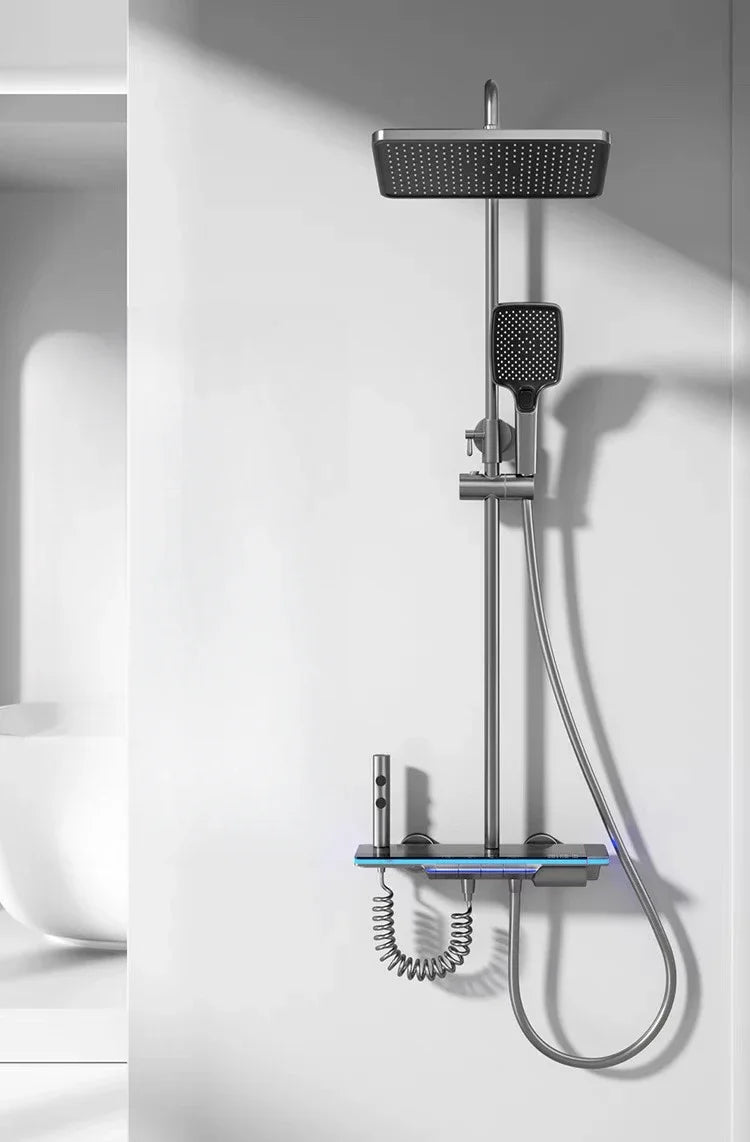 Bathroom Luxury Shower Faucet System with Lights Tempered Glass Shower Set Digital Display Copper Mixer Shower Faucet Set