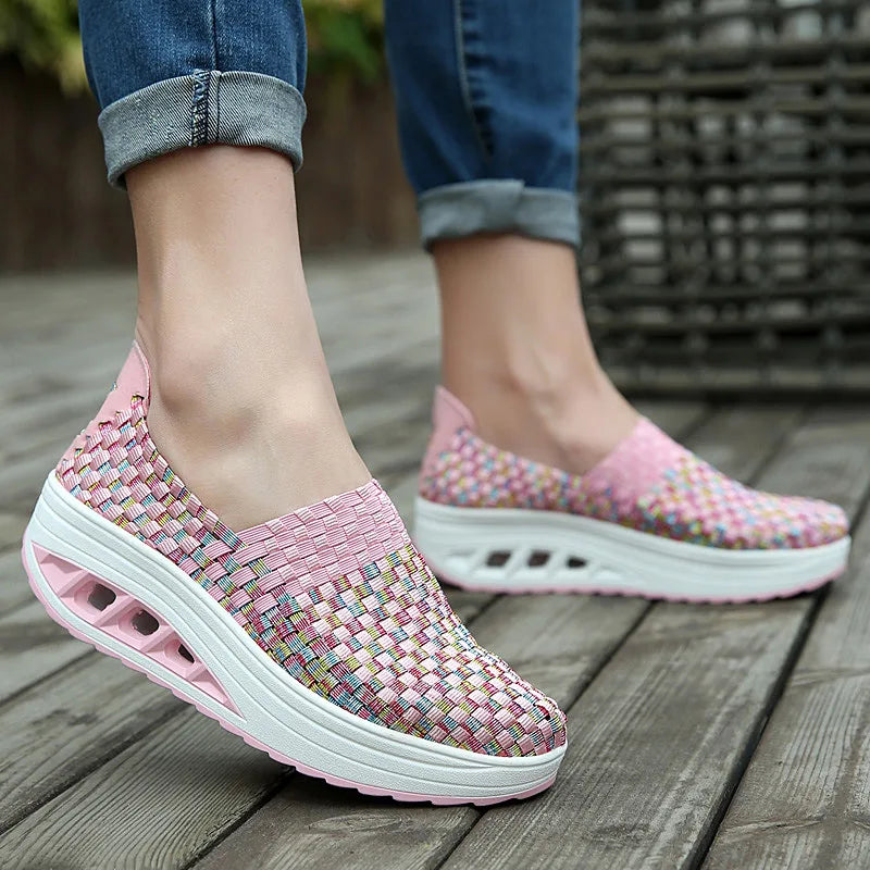 Zapatos De Mujer Sneakers Women's Mixed Color Woven Wedge Rocking Shoes Lightweight Non-slip Breathable Loafers Chaussure Femmes