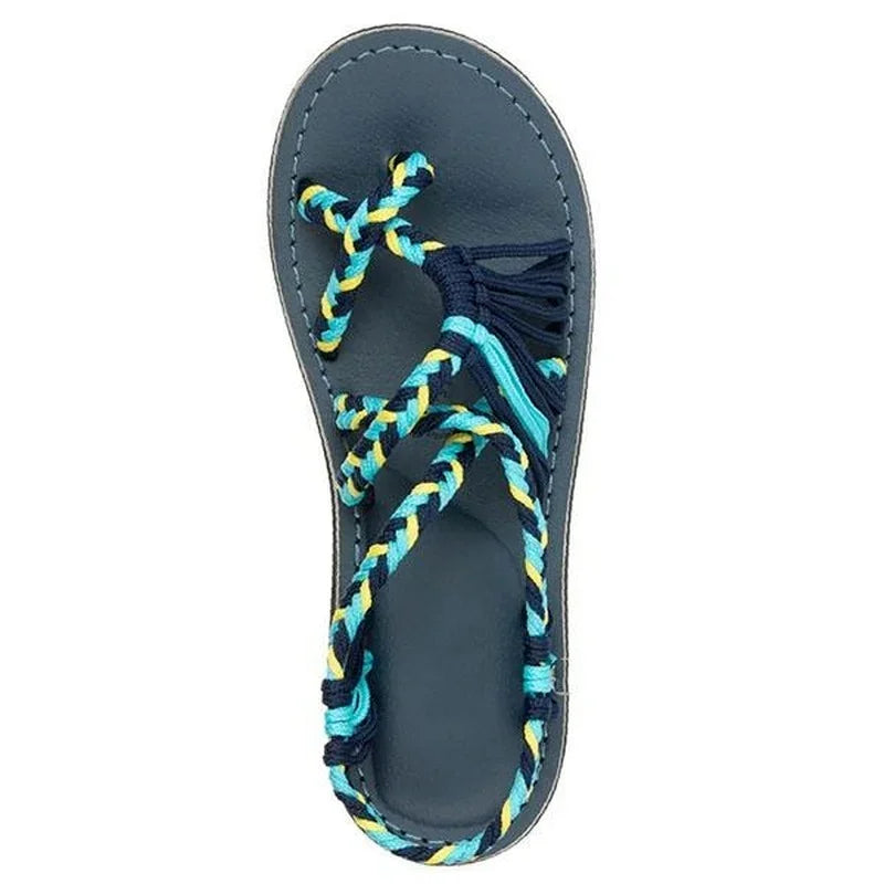 Women Summer Flip Flop Sandals Shoes Mixed Color Matching Rope Knot Beach Toe Roman Sandals Casual Comfortable Plus Size Shoes