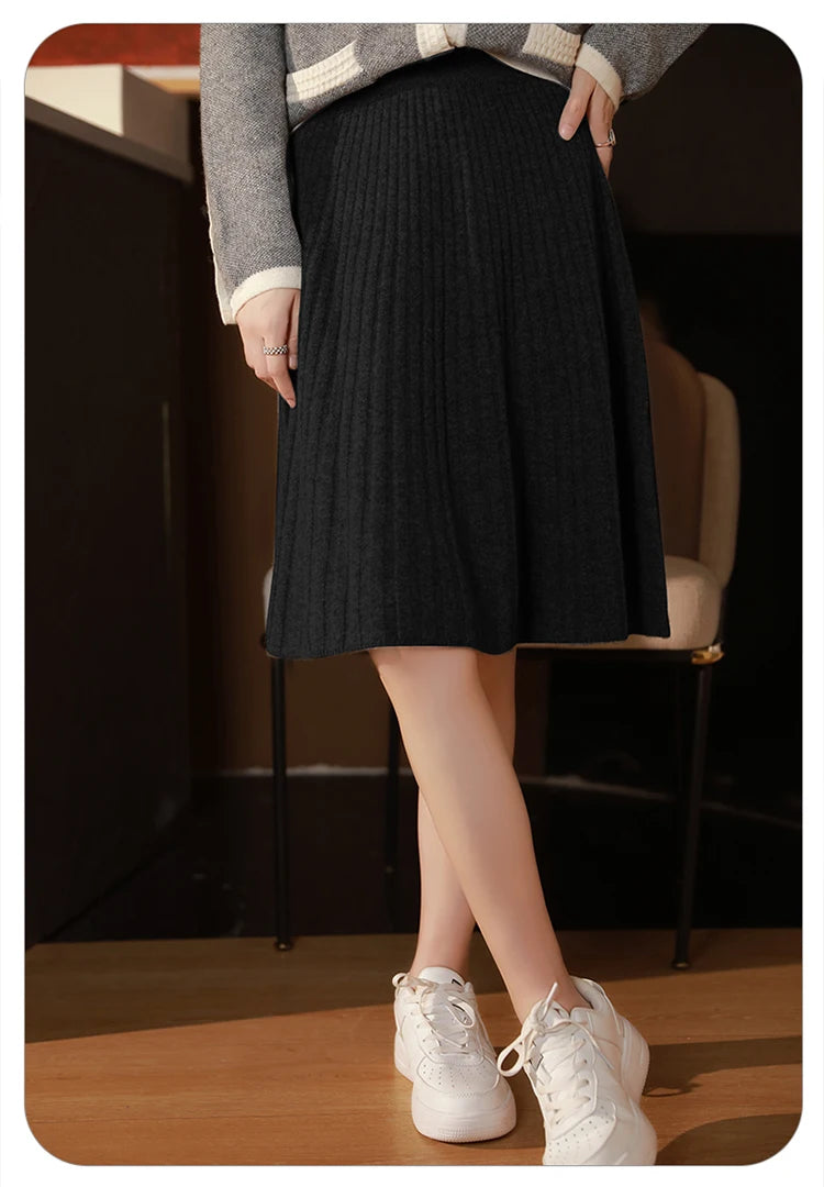 Fustă elegantă pentru femei, 100% lână, tricotată, modă coreeană, solidă, casual, linie A, plisată, scurtă, primăvară șic, talie înaltă, fustă